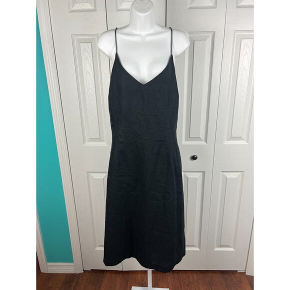 H & M Black Linen Spaghetti Strap Midi Dress Size 14 V-Neck Minimalist Classic - Picture 5 of 6